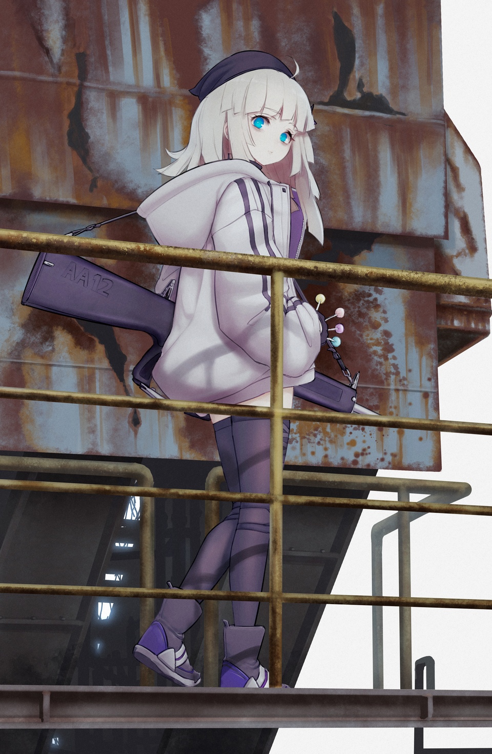 1girl aa-12 aa-12_(girls&#039;_frontline) ahoge artist_request automatic_shotgun bad_id bad_pixiv_id bags_under_eyes beanie black_boots black_hat black_thighhighs blue_eyes boots candy combat_shotgun food full_body girls&#039;_frontline gun gun_sling hat highres holding holding_candy holding_food holding_lollipop hood hooded_jacket industrial jacket lollipop long_hair looking_at_viewer looking_to_the_side railing shotgun solo thighhighs weapon weapon_name white_hair white_jacket