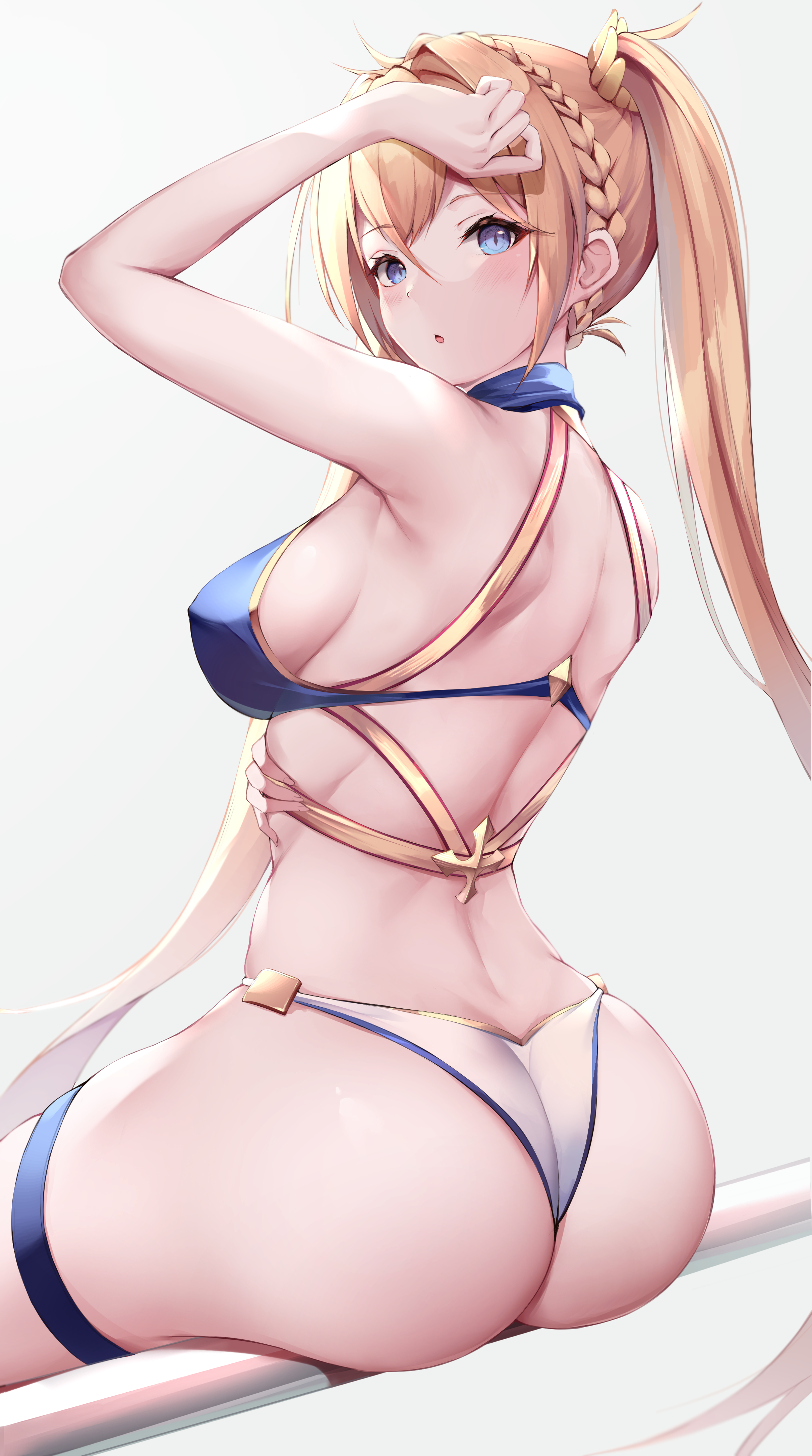 1girl :o absurdres arm_up armpits ass back bare_arms bare_shoulders bikini blonde_hair blue_bikini blue_eyes blush bradamante_(fate) bradamante_(third_ascension)_(fate) braid breasts fate/grand_order fate_(series) from_behind hair_intakes highres kisaki_oni long_hair looking_at_viewer looking_back medium_breasts mismatched_bikini parted_lips sideboob simple_background sitting solo swimsuit thigh_strap twintails very_long_hair white_background white_bikini
