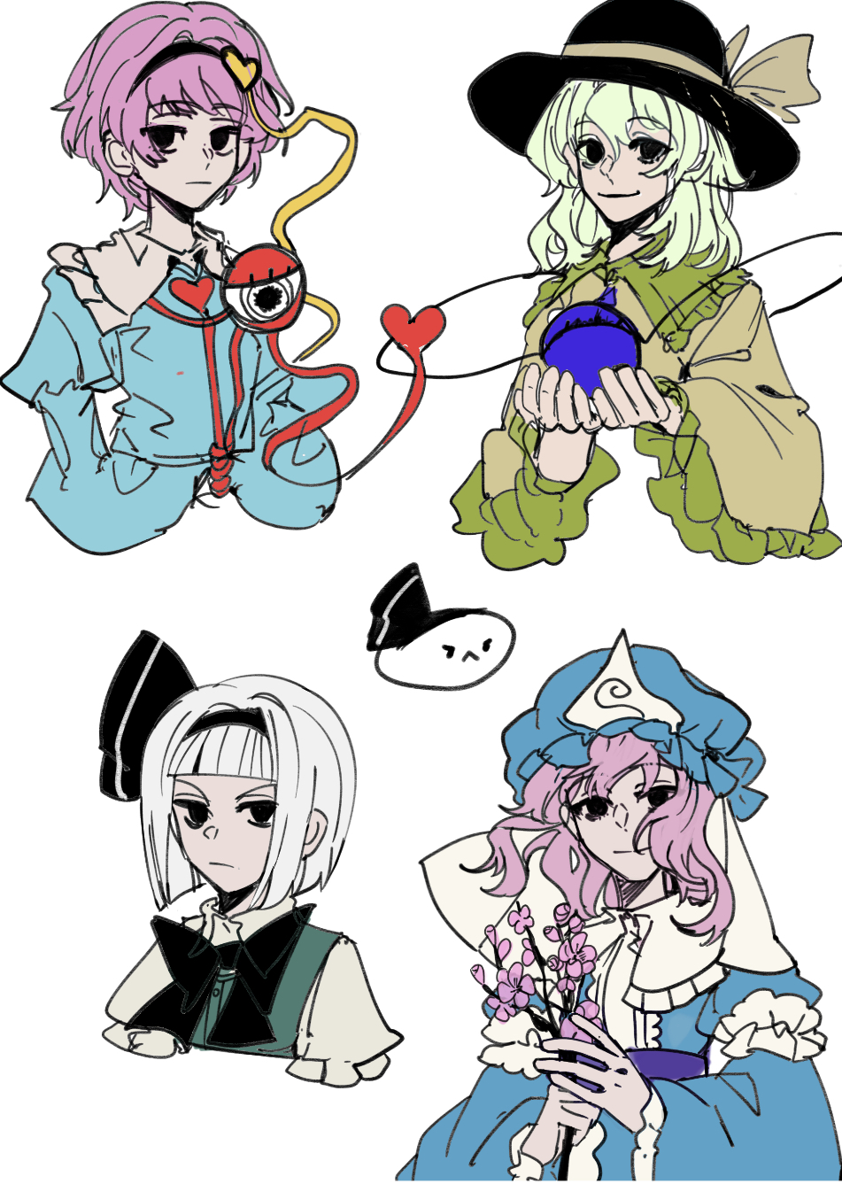 4girls black_bow black_bowtie black_eyes black_hairband black_hat blue_dress blue_hat blue_shirt bow bowtie closed_mouth collared_shirt dress flower frilled_shirt_collar frilled_sleeves frills green_hair green_vest hair_ornament hairband hat hat_ribbon heart heart_hair_ornament highres komeiji_koishi komeiji_satori konpaku_youmu long_hair medium_hair mob_cap multiple_girls pink_flower pink_hair ribbon saigyouji_yuyuko shirt short_hair simple_background smile third_eye touhou triangular_headpiece veil vest white_background white_hair white_shirt xian_qishui yellow_ribbon yellow_shirt