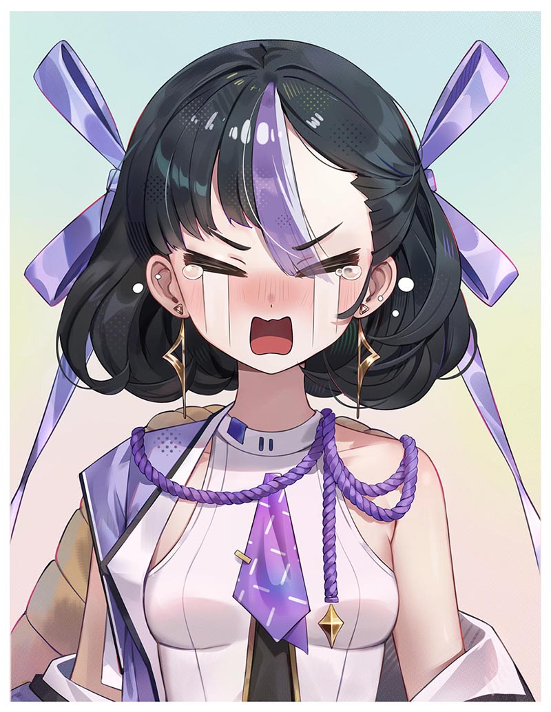 1girl =_= bare_shoulders black_hair blush border breasts crying earrings facing_viewer goddess_of_victory:_nikke gradient_background hair_ribbon jacket jewelry mole mole_under_eye mrr_05 multicolored_hair neckerchief nose_blush off_shoulder open_clothes open_jacket open_mouth purple_hair purple_neckerchief ribbon rope shimenawa shirt short_hair sleeveless sleeveless_shirt small_breasts sobbing solo streaked_hair streaming_tears syuen_(nikke) tears two-tone_hair upper_body v-shaped_eyebrows wavy_mouth white_border white_jacket white_shirt