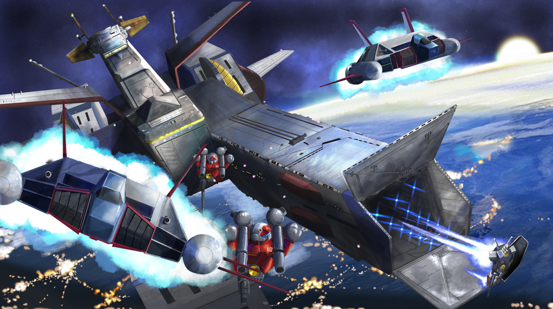 bad_id bad_pixiv_id cannon city_lights derivative_work earth_(planet) g-fighter guncannon gundam i.t.o_daynamics launch_pad launching lights mecha mobile_suit_gundam orbit planet realistic robot rx-78-2_gundam science_fiction shield space spacecraft starfighter sunrise thrusters white_base