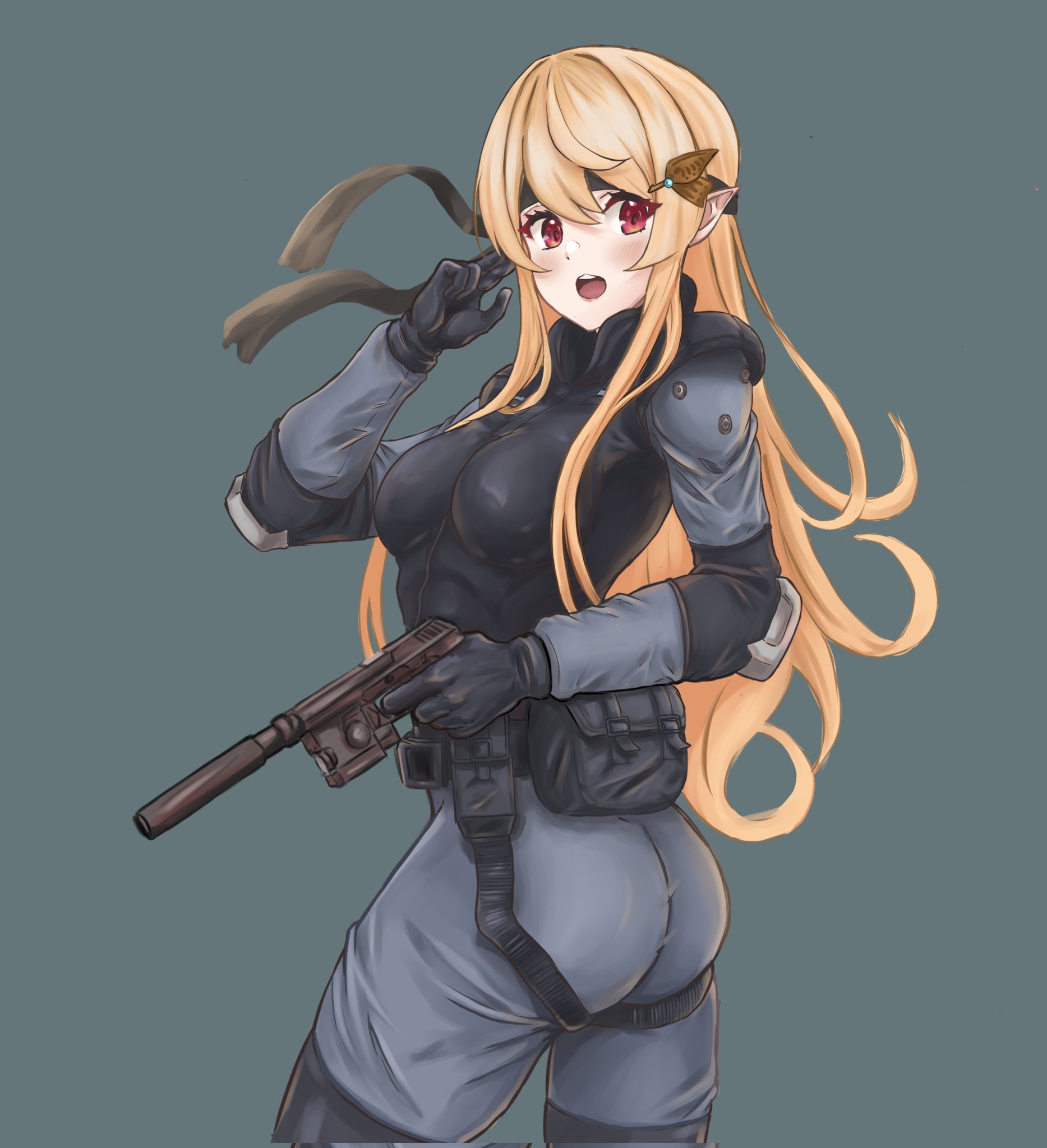 1girl an/peq-6 ass bandana blonde_hair bodysuit breasts brown_eyes bulletproof_vest cosplay drumoriz fairy flashlight from_behind gun h&k_mark_23 hair_behind_ear handgun heckler_&_koch highres holding holding_gun holding_weapon insight_technology kac_mk23_suppressor knight's_armament_company laser_aiming_module laser_pointer laser_sight long_hair looking_at_viewer looking_back match_grade match_grade_firearm match_grade_pistol medium_breasts meme metal_gear_(series) metal_gear_solid nijisanji nijisanji_en offensive_handgun pistol pointy_ears pomu_rainpuff sneaking_suit solid_snake solid_snake_(cosplay) solo standing suppressor tactical_light virtual_youtuber weapon