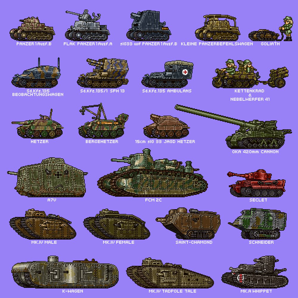 a7v_(tank) blue_background cross explosive fcm_2c goliath_tracked_mine hamcoro jagdpanzer_38(t) k-wagen kettenkrad kleine_panzerbefehlswagen mark_a_whippet mark_iv_tank military military_vehicle mine_(weapon) motor_vehicle oka_420mm_cannon original panzer_i pixel_art red_cross saint-chamond schneider sd.kfz.135 seclet simple_background tank tiger_i turretless_tank vehicle_focus vehicle_request