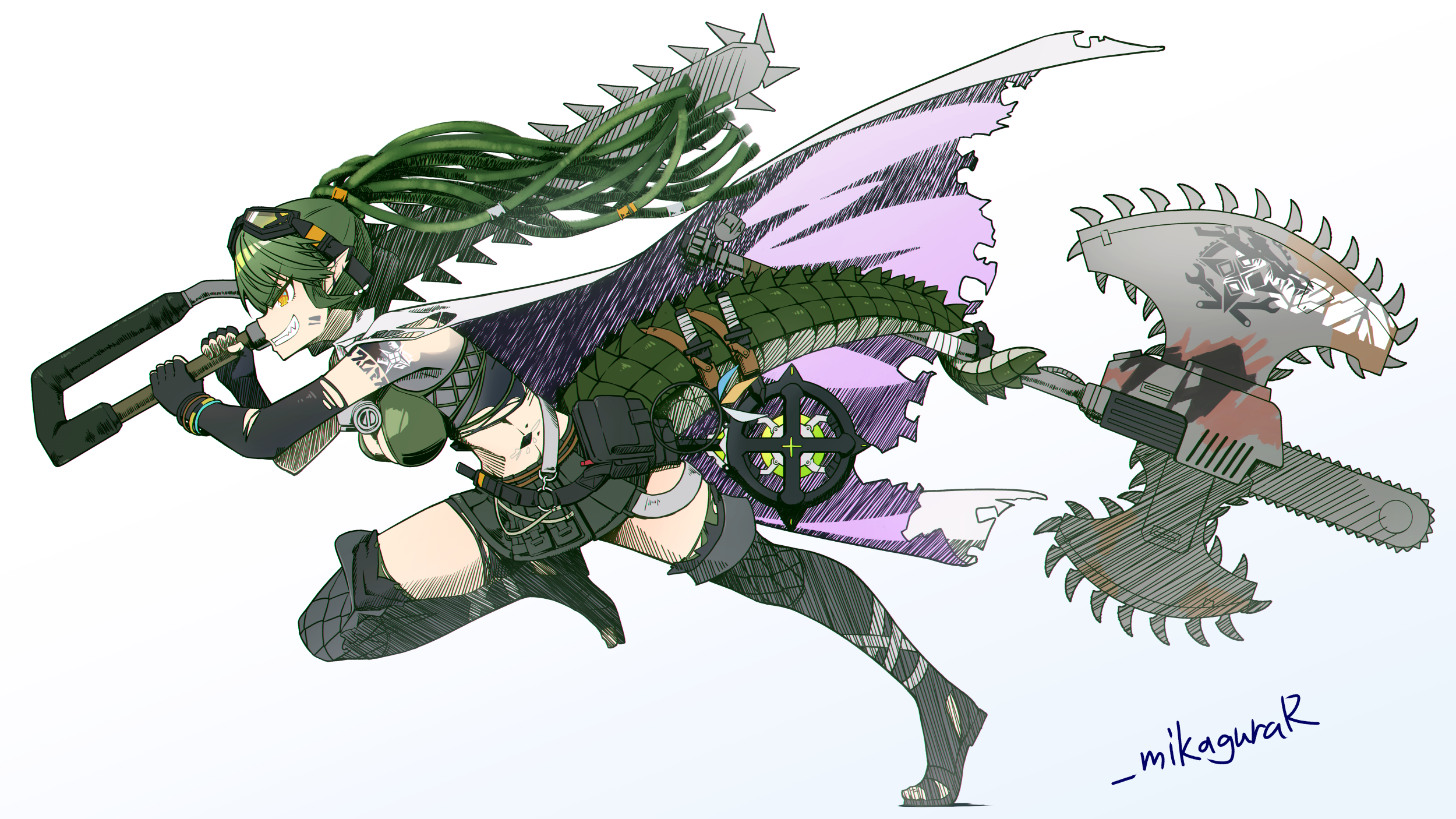 1girl arknights artist_name breasts cape chainsword collared_cape crocodilian_tail dreadlocks gavial_(arknights) gavial_the_invincible_(arknights) goggles goggles_on_head gradient_background green_hair green_skirt grin hand_up highres holding holding_chainsword holding_weapon holding_with_tail long_hair looking_to_the_side mask mask_around_neck material_growth medium_breasts mikagura oripathy_lesion_(arknights) pink_cape pleated_skirt pointy_ears prehensile_tail reptile_girl respirator running sharp_teeth skirt smile tail teeth twitter_username two-sided_cape two-sided_fabric weapon white_background yellow_eyes