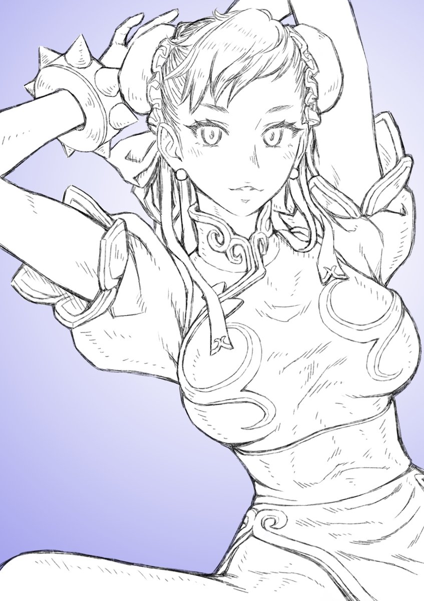 1girl arms_up bracelet breasts bun_cover capcom chinese_clothes chun-li commentary_request delarocha82 double_bun earrings hair_bun highres jewelry large_breasts looking_at_viewer monochrome pantyhose purple_background solo spiked_bracelet spikes street_fighter thick_thighs thighs