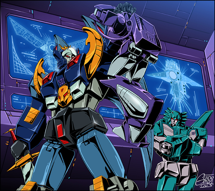 1980s_(style) 2023 artist_name cable crossed_arms deathsaurus decepticon guido_guidi holding holding_sword holding_weapon leozack mecha no_humans oldschool red_eyes retro_artstyle robot science_fiction shockwave_(transformers) smile sword transformers transformers_victory weapon
