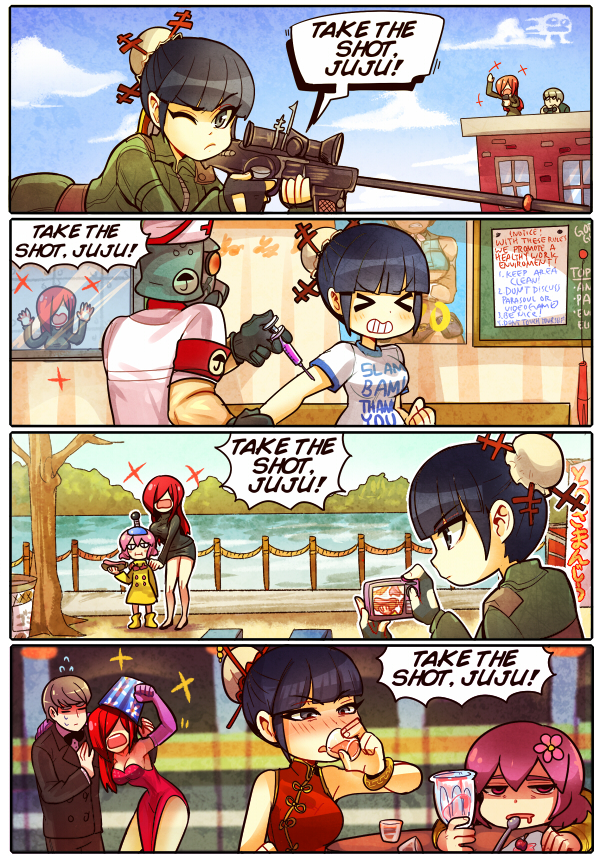 &gt;_&lt; 3girls 4koma ace_attorney adam_kapowski aiming alcohol alternate_color alternate_costume alternate_hairstyle black_egrets black_hair braid breasts brown_eyes cameo capcom china_dress chinese_clothes cleavage closed_eyes clothes_writing comic cosplay cup dress drinking drinking_glass drunk elbow_gloves english_text flower flying_sweatdrops formal_clothes gas_mask gloves grey_hair hair_flower hair_ornament hair_over_one_eye hat hot_dog impossible_clothes impossible_shirt jessica_rabbit jessica_rabbit_(cosplay) jitome juju_(skullgirls) kataro large_breasts long_hair mask md5_mismatch meme ms._fortune_(skullgirls) multiple_girls one_eye_closed open_mouth parasoul_(skullgirls) parody phoenix_wright:_ace_attorney pink_eyes pink_hair poster_(medium) poster_(object) pun raincoat red_hair resized resolution_mismatch shirt short_hair siblings sisters skullgirls smile source_larger space_jam standing suit twin_braids umbrella_(skullgirls) underboob underwear who_framed_roger_rabbit wink