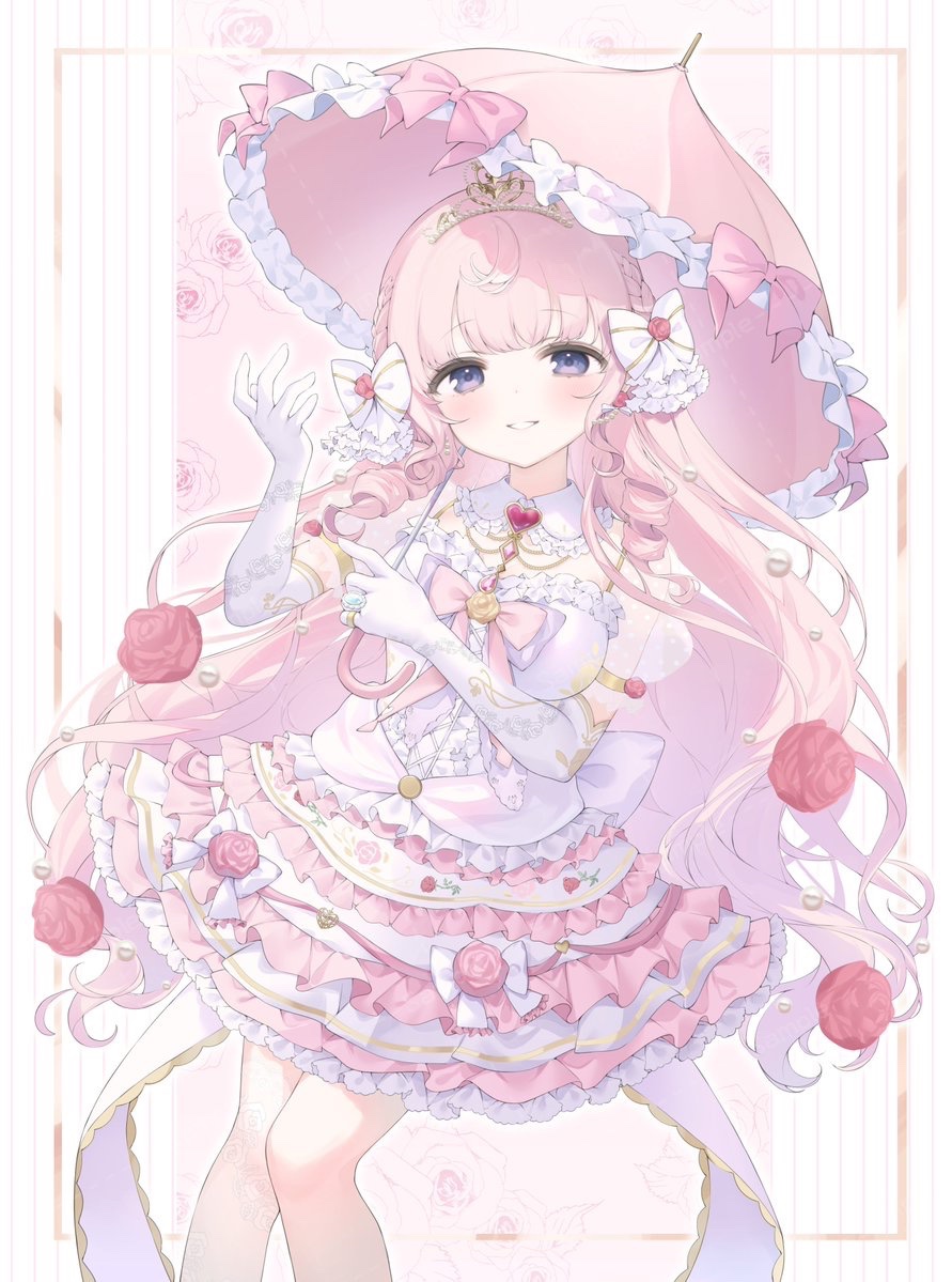 1girl blush bow breasts dress drill_hair earrings elbow_gloves feet_out_of_frame flower frilled_dress frills gloves hair_bow hair_ornament hand_up himeno_aimu holding holding_umbrella indie_virtual_youtuber jewelry layered_dress layered_skirt long_hair looking_at_viewer parasol pink_bow pink_dress pink_flower pink_hair pink_rose purple_eyes ring rose sample_watermark sidelocks skirt sleeveless sleeveless_dress smile solo tiara umbrella usanta very_long_hair virtual_youtuber watermark white_dress white_gloves