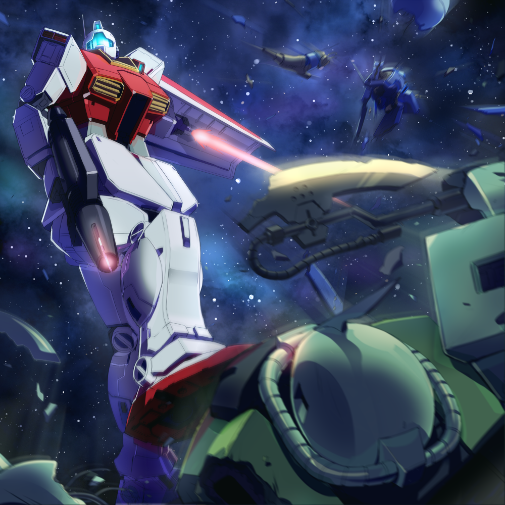 axe beam_rifle energy_sword damaged energy_gun energy_sword gm_ii gun gundam holding holding_gun holding_weapon ky@rgm-79r mecha no_humans robot shield space sword weapon zaku zaku_ii zeta_gundam