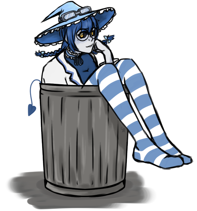 1girl annoyed black_sclera braid coat colored_sclera colored_skin demon demon_girl demon_tail glasses goggles goggles_on_headwear grey_skin hand_on_chin hat indie_virtual_youtuber lab_coat round_eyewear sitting skirt solo striped_clothes striped_thighhighs stuck stuck_in_object tail thighhighs tiefling trash_can twin_braids twintails virtual_youtuber witch_hat yellow_eyes yomi_quinnley