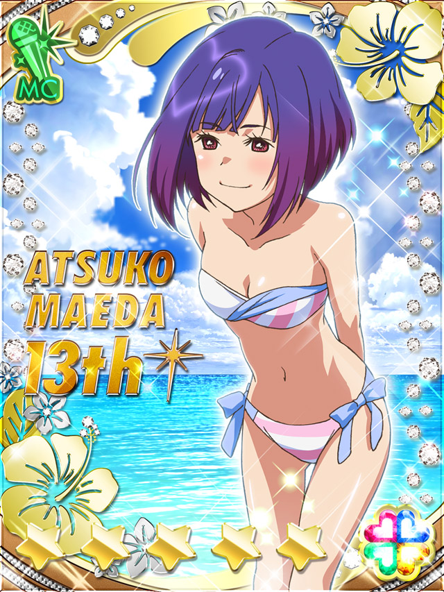 1girl akb0048 arms_behind_back beach bikini blunt_bangs breasts brown_eyes card_(medium) character_name closed_mouth cloud cloudy_sky collarbone cumulonimbus_cloud feet_out_of_frame heart looking_at_viewer maeda_atsuko_(akb0048) multicolored_bikini navel non-web_source ocean official_art purple_hair short_hair side-tie_bikini_bottom sky smile solo sparkle standing star_(symbol) strapless strapless_bikini striped_bikini striped_clothes swimsuit