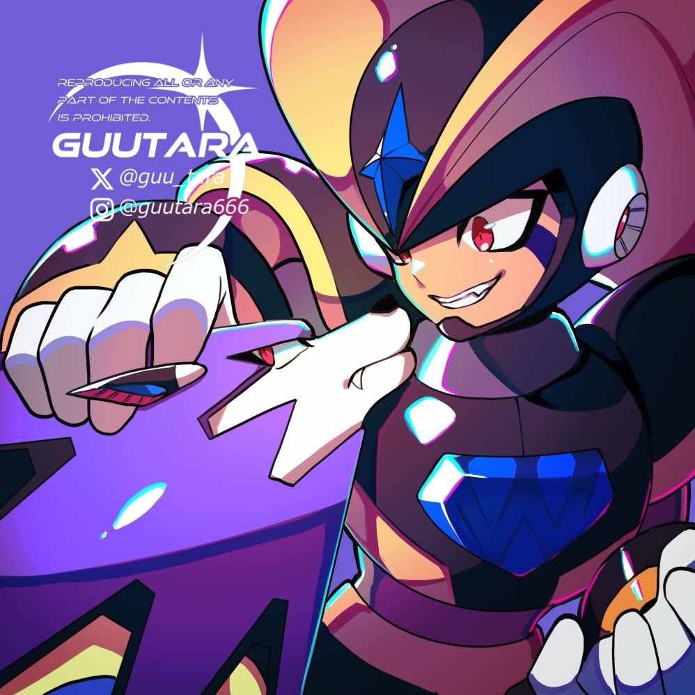 1boy android armor artist_logo artist_name bass_(mega_man) bass_day black_armor black_helmet chest_jewel dog facial_mark fins forehead_jewel guutara head_fins helmet instagram_logo instagram_username logo mega_man_(classic) mega_man_(series) non-humanoid_robot petting purple_background red_eyes robot robot_animal robot_dog shoulder_armor smile treble_(mega_man) twitter_logo twitter_username upper_body watermark