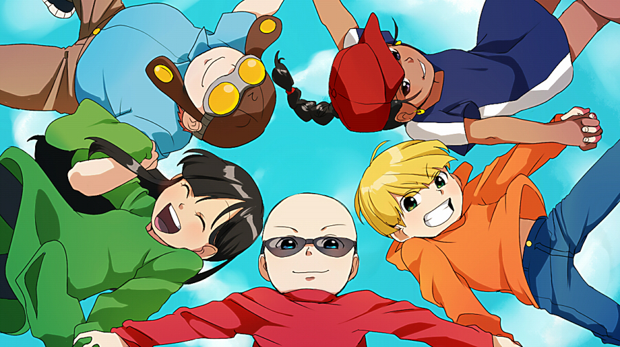 2girls 3boys ^_^ animification bald black_hair blue_eyes braid brown_eyes child closed_eyes codename:_kids_next_door commentary_request dark_skin day duplicate everyone glasses goggles green_eyes grin hat holding_hands hood hoodie interlocked_fingers long_hair long_sleeves multiple_boys multiple_girls numbuh_1 numbuh_2 numbuh_3 numbuh_4 numbuh_5 open_mouth parted_lips pixel-perfect_duplicate sky sleeves_past_wrists smile t_k_g