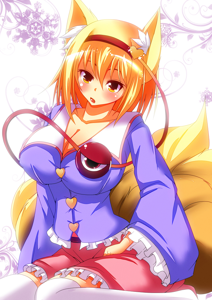 1girl animal_ears blonde_hair blouse breasts cleavage cosplay female_focus fox_ears fox_tail head_tilt headband heart impossible_clothes impossible_shirt komeiji_satori komeiji_satori_(cosplay) large_breasts long_sleeves looking_at_viewer merry_(diameri) multiple_tails open_mouth over-kneehighs plant shirt short_hair sitting skirt snowflakes solo tail thighhighs third_eye touhou vines wariza white_background white_thighhighs yakumo_ran yellow_eyes zettai_ryouiki