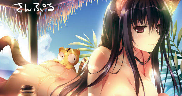 1girl animal_ears ass beach black_hair breasts cleavage comic_toranoana female_focus karory kotora_(toranoana) leaf long_hair lotion lying nude on_stomach original out-of-frame_censoring red_eyes sample_watermark solo tail tiger tiger_ears tiger_tail watermark