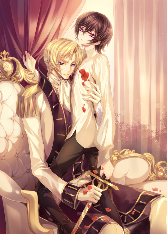 2boys blonde_hair blood brown_hair chair code_geass curtains dress_shirt epaulettes formal_clothes fylus holding indoors lelouch_vi_britannia long_sleeves looking_at_viewer male_focus multiple_boys pants petals purple_eyes rose_petals schneizel_el_britannia shirt sitting sleeves_past_wrists sword tree weapon