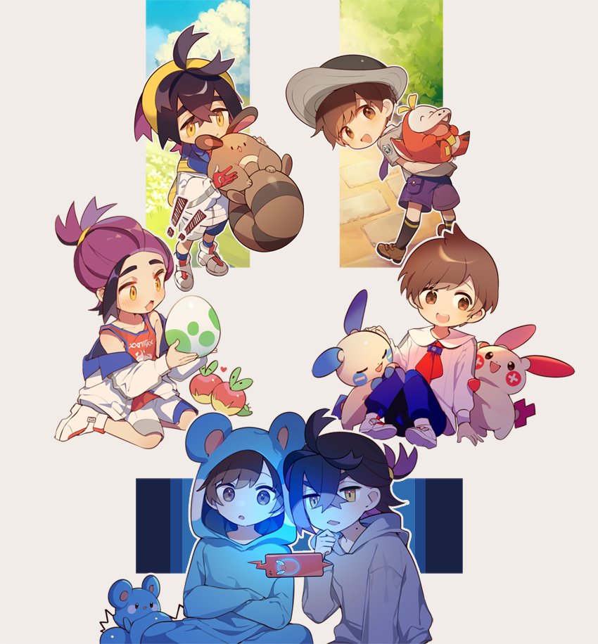 ! !! 2boys applin azurill black_hair blush brown_eyes brown_hair chibi closed_eyes commentary_request crossed_arms crossed_bangs egg florian_(pokemon) fuecoco game_freak gen_2_pokemon gen_3_pokemon gen_4_pokemon gen_8_pokemon gloves hairband hat holding holding_egg holding_pokemon hood hood_down hood_up hoodie jacket kieran_(pokemon) long_sleeves male_focus minun mole mole_on_neck multiple_boys nintendo open_clothes open_jacket open_mouth orange_eyes pants parted_lips plusle pokemon pokemon_(creature) pokemon_egg pokemon_sv purple_hair red_gloves rotom rotom_phone school_uniform sentret shoes shorts single_glove sitting socks tibbar uva_academy_school_uniform white_jacket yellow_hairband
