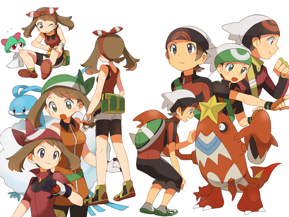 1boy 1girl altaria backpack bag beanie bike_shorts bow_hairband brendan_(pokemon) brown_hair capri_pants commentary_request crawdaunt fanny_pack fingerless_gloves game_freak gen_3_pokemon gloves green_eyes hairband hat holding holding_poke_ball may_(pokemon) nintendo one_eye_closed open_mouth pants poke_ball poke_ball_(basic) pokemon pokemon_(creature) pokemon_emerald pokemon_oras pokemon_rse popcorn_91 ralts red_hairband red_shirt shirt shoes short_sleeves shorts sleeveless sleeveless_shirt standing