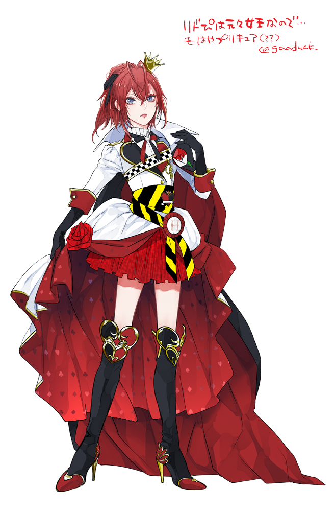 1girl adapted_costume antenna_hair black_ribbon black_socks blue_eyes checkered_clothes crown dress eyeliner flat_chest flower full_body genderswap genderswap_(mtf) hair_between_eyes hair_ribbon hand_up heart high_heels jacket knee_guards kneehighs legs_apart looking_at_viewer mini_crown neck_ribbon ponytail red_eyeliner red_flower red_footwear red_lips red_ribbon red_rose ribbon riddle_rosehearts rose sash shirai short_dress simple_background skirt_hold three-quarter_sleeves socks solo standing stiletto_heels striped twisted_wonderland white_background white_jacket
