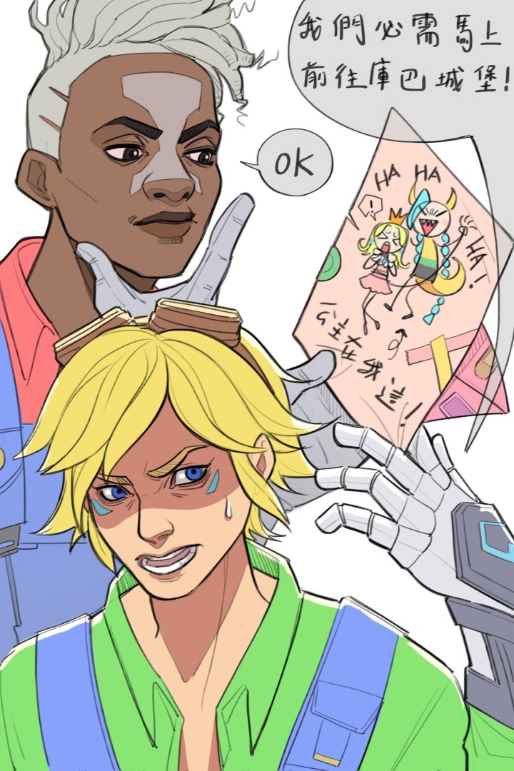 2boys blonde_hair blouse blue_eyes bowser bowser_(cosplay) collared_shirt commentary_request cosplay crown dark-skinned_male dark_skin diter-trsey drawing ekko_(league_of_legends) ezreal firelight_ekko green_shirt grey_background grey_hair jinx_(league_of_legends) league_of_legends luigi luigi_(cosplay) lux_(league_of_legends) male_focus mario mario_(cosplay) mario_(series) multiple_boys nintendo official_alternate_hairstyle princess_peach princess_peach_(cosplay) red_shirt shaded_face shirt short_hair simple_background speech_bubble translation_request upper_body