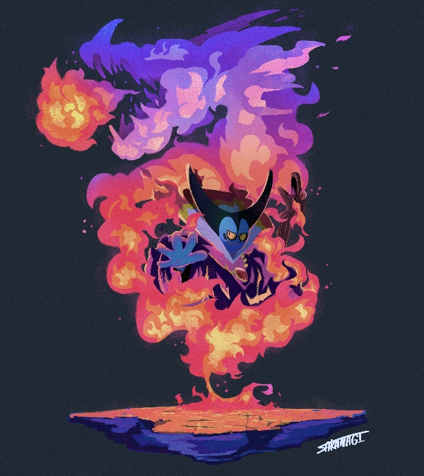 1boy artist_name black_background blue_skin breath_weapon breathing_fire colored_sclera colored_skin commentary dragon dragon_lord dragon_quest dragon_quest_i dual_persona fire holding holding_staff horns looking_to_the_side open_mouth purple_robe robe sakanagi_(a_r_co) slit_pupils solo_focus staff yellow_sclera