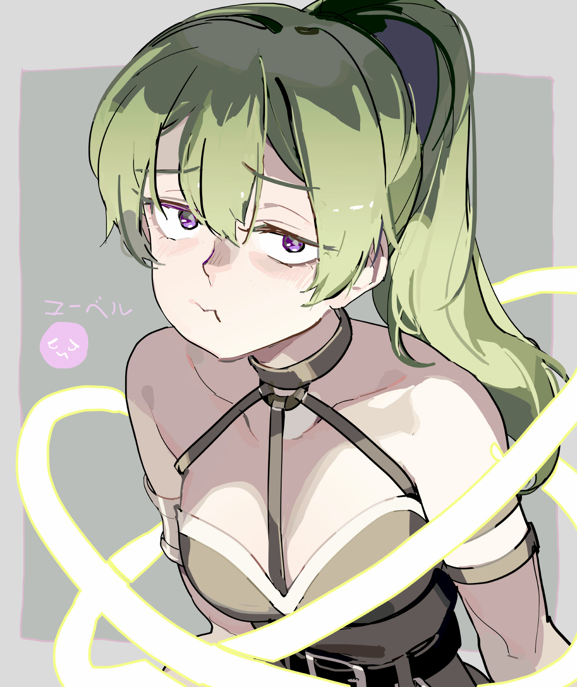 1girl bare_shoulders breasts character_name collarbone emoji green_hair high_ponytail highres looking_at_viewer medium_breasts ponytail pout purple_eyes pursed_lips solo sousou_no_frieren tennohi ubel_(sousou_no_frieren) upper_body