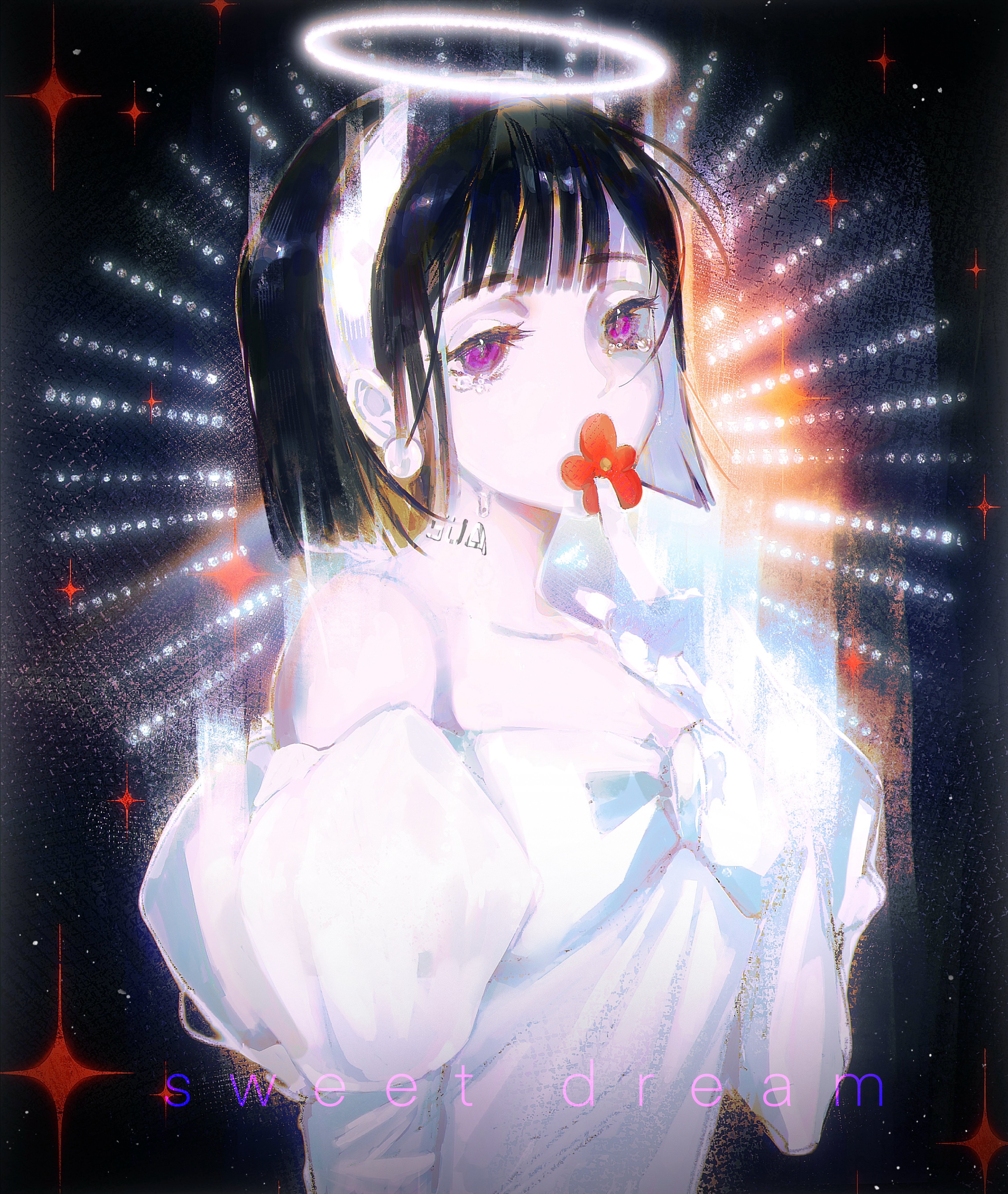 1girl absurdres alien_stage chinese_commentary commentary dress earrings english_text flower flower_over_mouth hairband halo highres jewelry juliet_sleeves kandaowoqingcuiwoquhesaisaijiehun long_sleeves neck_tattoo off-shoulder_dress off_shoulder pearl_earrings puffy_sleeves purple_eyes red_flower solo song_name sua_(alien_stage) tattoo tears upper_body white_dress white_hairband