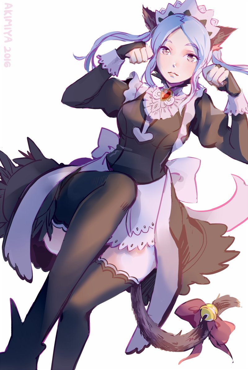 1girl animal_ears apron blue_hair bridal_gauntlets cat_ears cat_tail commission fake_animal_ears fake_tail feather_trim fire_emblem fire_emblem_fates flora_(fire_emblem) grey_eyes maid maid_apron maid_headdress nintendo piano_(agneschen) tail
