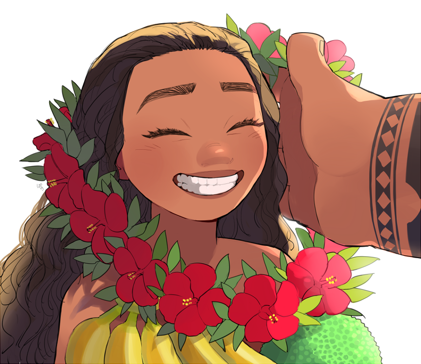 1boy 1girl arm_tattoo banana brown_hair closed_eyes dark-skinned_female dark-skinned_male dark_skin flower flower_necklace food fruit grin hand_on_another&#039;s_head hibiscus jewelry lei long_hair maui_(moana) moana_(movie) moana_waialiki necklace pano_(mohayayamai) pov red_flower simple_background smile tattoo teeth upper_body white_background