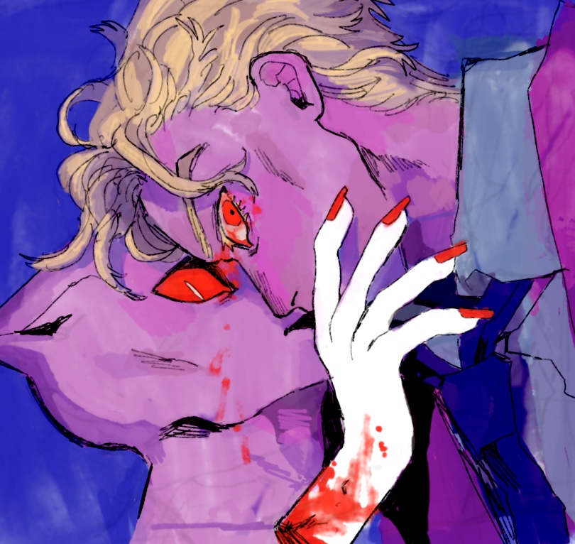 1boy 1other animal_ears blonde_hair blood blood_on_face blue_background bright_pupils cat_ears collared_shirt colored_eyelashes colored_skin diamond_wa_kudakenai jojo_no_kimyou_na_bouken killer_queen kira_yoshikage necktie pink_skin red_eyes red_nails severed_hand shirt simple_background slit_pupils stand_(jojo) user_xjny2857 white_pupils