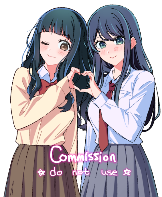 2girls ;) black_hair blush bow bowtie brown_necktie brown_skirt brown_sweater collared_shirt commission cowboy_shot english_text green_eyes grey_background grey_skirt heart heart_hands heart_hands_duo kurokawa_akane long_hair multicolored_hair multiple_girls necktie one_eye_closed oshi_no_ko pleated_skirt red_bow red_bowtie shirt simple_background skirt smile sumi_yuki sweater sweater_tucked_in two-tone_hair white_shirt yamabukiyuki