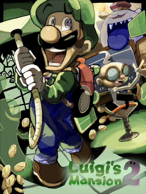 2boys arm_up backpack bag blue_eyes blue_overalls blue_pants blue_tongue brown_footwear brown_hair chair coat coin coke-bottle_glasses colored_tongue commentary_request copyright_name crown facial_hair fangs ghost glasses green_headwear green_shirt hands_up hat holding_vacuum_cleaner indoors kinashi king_boo knees_together_feet_apart lab_coat long_sleeves looking_at_viewer luigi luigi&#039;s_mansion luigi&#039;s_mansion:_dark_moon male_focus mario_(series) monitor multiple_boys multiple_monitors mustache nintendo on_chair open_mouth overalls pants poltergust_5000 professor_elvin_gadd radar round_eyewear round_teeth scared shadow sharp_teeth shirt shoes short_hair sitting standing sweatdrop swivel_chair teeth tongue tongue_out vacuum_cleaner waving white_coat white_hair window