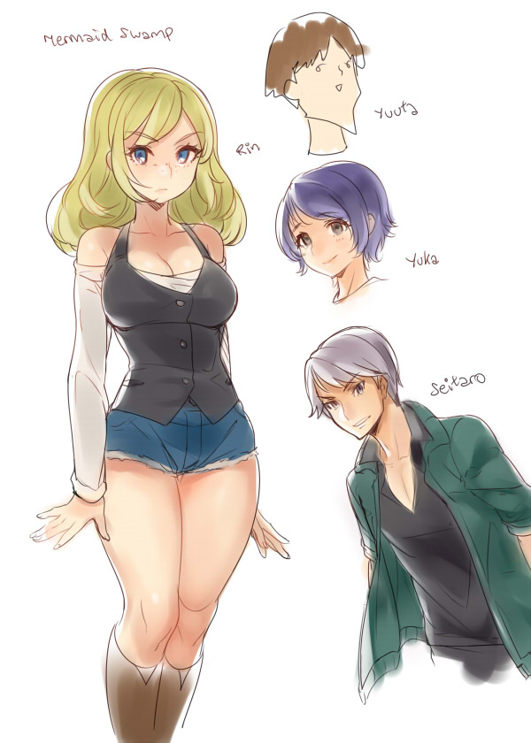 2boys 2girls bare_shoulders blonde_hair blue_eyes blue_hair boots breasts brown_hair character_name cleavage copyright_name cutoffs denim denim_shorts detached_sleeves english_text freckles grey_eyes jacket kikuchi_yuka knee_boots large_breasts long_hair mermaid_swamp multiple_boys multiple_girls naso4 ningyo_numa short_hair short_shorts shorts silver_hair smile standing takahashi_yuuta text_focus wakasugi_seitaro yamazaki_rin