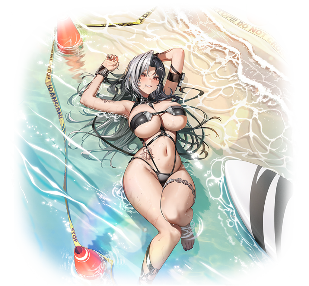 1girl artist_request between_breasts bikini black_bikini breasts eyepatch_bikini flower_tattoo goddess_of_victory:_nikke hip_tattoo jewelry lace lace-trimmed_bikini lace_trim multicolored_hair non-web_source official_alternate_costume official_art rosanna_(chic_ocean)_(nikke) rosanna_(nikke) solo split-color_hair strap_between_breasts swimsuit tattoo thighlet wrist_tattoo