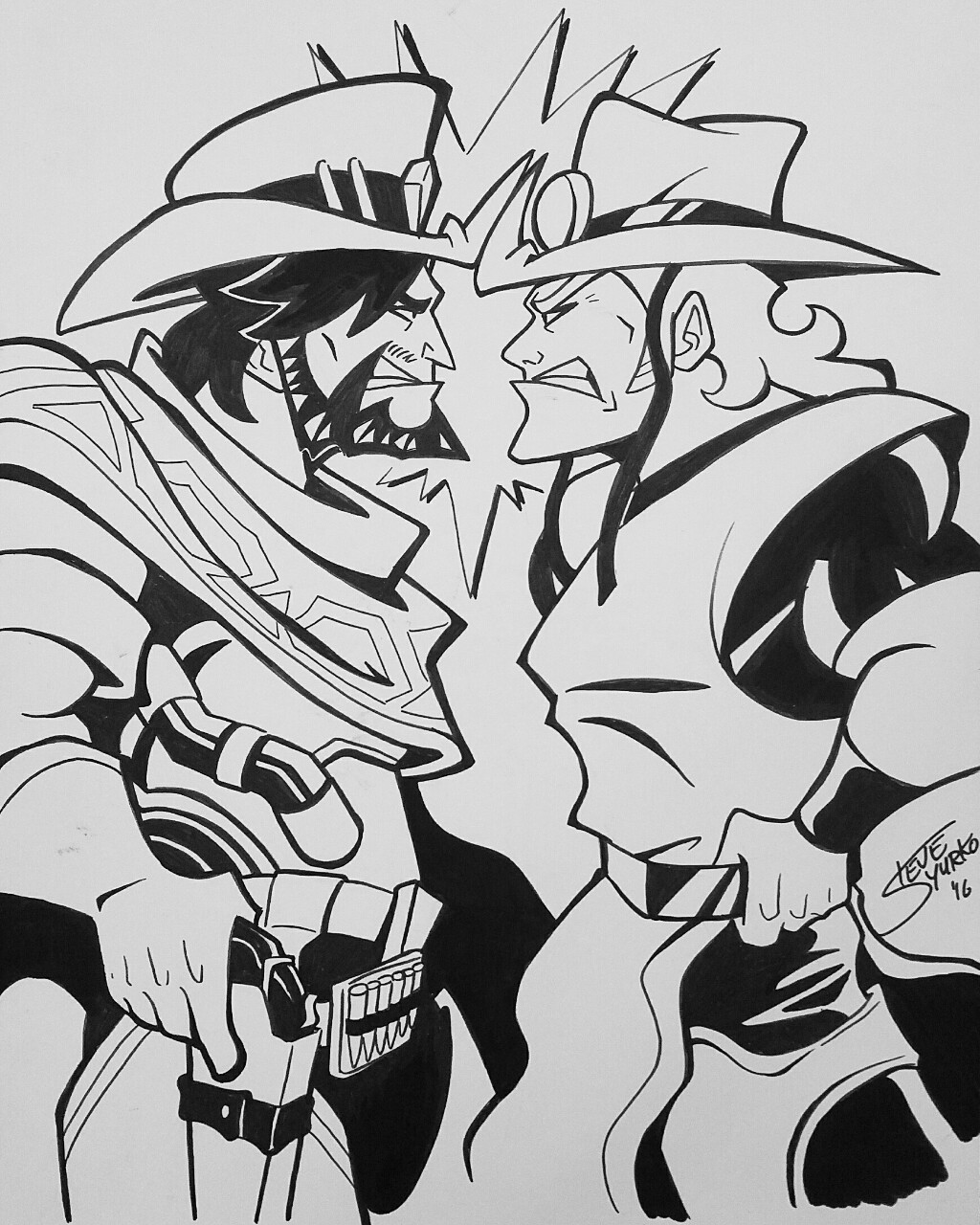 2boys bullet cartoonized cassidy_(overwatch) commission cowboy_hat cowboy_western crossover facial_hair gloves goatee grey_background gun handgun hat highres hol_horse holding holding_gun holding_weapon holstered jojo_no_kimyou_na_bouken long_hair looking_at_another male_focus medium_hair monochrome multiple_boys overwatch revolver scarf short_sleeves signature simple_background stardust_crusaders steve_yurko teeth toon_(style) weapon