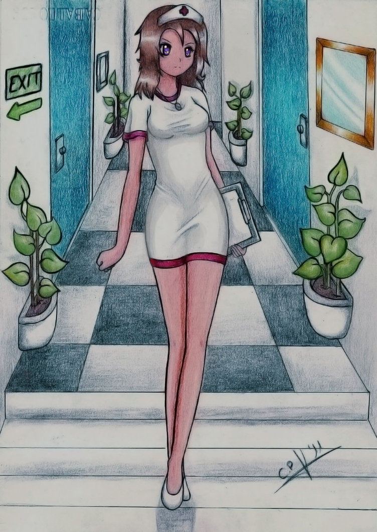 1girl brown_eyes brown_hair brown_theme dress female_focus jewelry necklace nurse pencil purple_eyes shirt solo taut_clothes taut_shirt traditional traditional_media