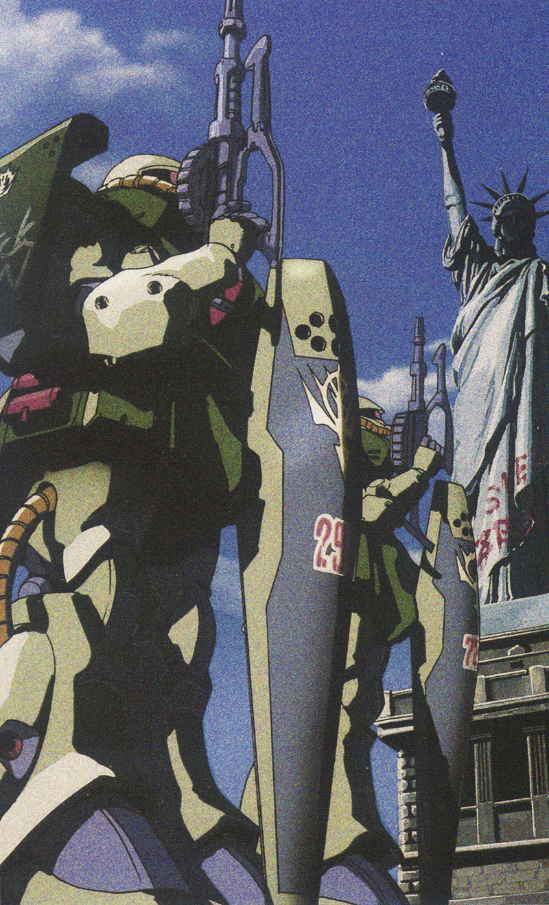 1980s_(style) 1990s_(style) bad_end blue_sky building cloud emblem gun gundam highres kawamoto_toshihiro machine_gun mecha mobile_suit mobile_suit_gundam new_york_city no_humans official_art oldschool promotional_art retro_artstyle robot scan science_fiction shield sky statue_of_liberty traditional_media vandalism weapon when_you_see_it zaku_ii zaku_ii_fz_kai zeon
