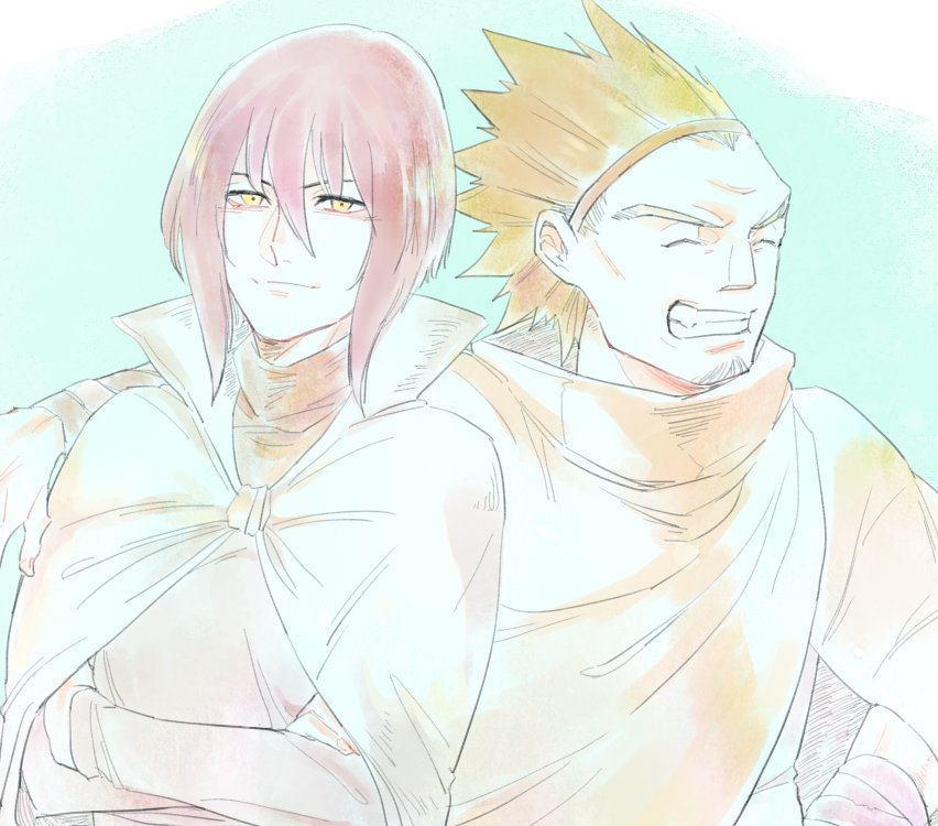 2boys brothers cloak crossed_arms closed_eyes gannen_harst hairband hood hooded_cloak male_focus multiple_boys red_hair short_hair siblings smile spiked_hair the_saga_of_darren_shan the_saga_of_larten_crepsley vancha_march yellow_eyes aged_down