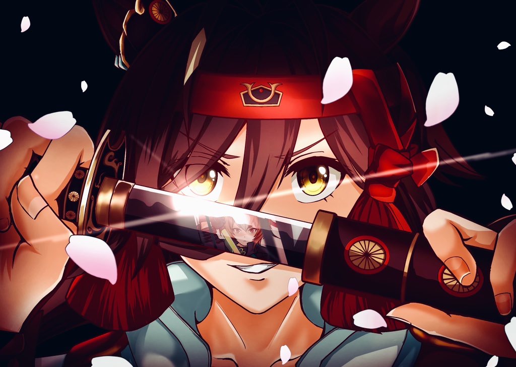 2girls animal_ears blunt_tresses brown_hair cherry_blossoms ear_ornament hair_between_eyes headband holding holding_sword holding_weapon horse_ears horse_girl katana long_hair looking_at_viewer maaaaaaaru multiple_girls no_reason_(umamusume) red_headband sheath solo_focus sword umamusume unsheathing upper_body weapon yaeno_muteki_(black_general_zen)_(umamusume) yaeno_muteki_(umamusume) yellow_eyes