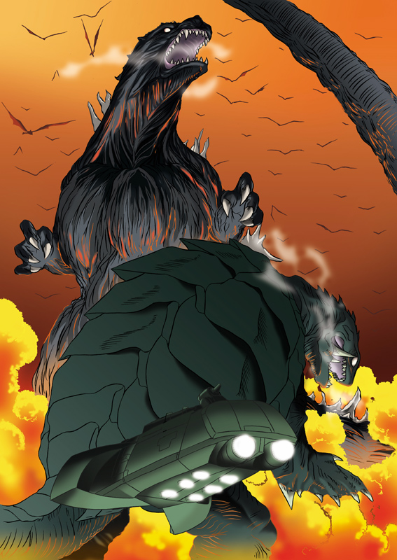 aircraft angeldust apocalypse burning_godzilla camera colored_sclera crossover daiei_film drone energy_weapon fire fire-mirror flying_submarine gamera gamera_(series) gamera_3:_revenge_of_iris godzilla godzilla,_mothra_and_king_ghidorah:_giant_monsters_all-out_attack godzilla_(series) godzilla_vs._biollante godzilla_vs._destoroyah gunship gyaos hyper_gyaos japan_air_self-defense_force japan_maritime_self-defense_force japan_self-defense_force kaiju mecha military military_vehicle monster no_pupils possessed robot sea_monster ship silhouette submarine super-x2 toho trauma_gamera unmanned_aerial_vehicle unmanned_combat_aerial_vehicle unmanned_underwater_vehicle vtol warship watercraft white_eyes