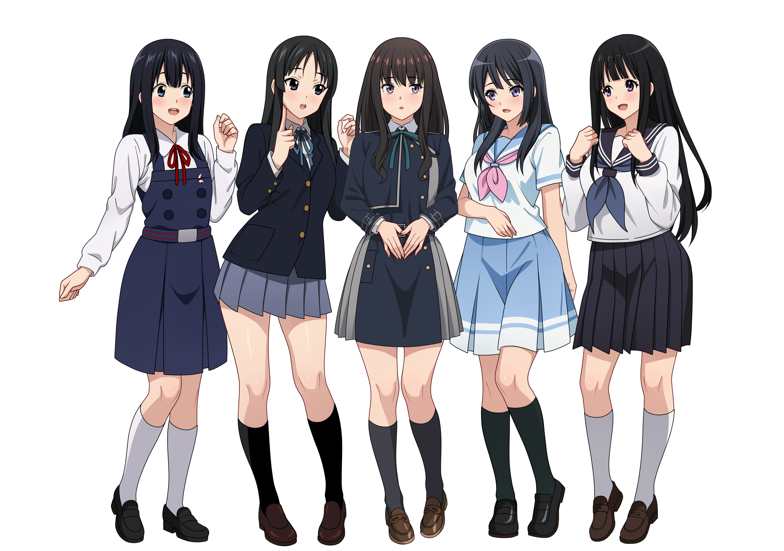 5girls akiyama_mio black_hair blue_eyes chitanda_eru color_connection commission full_body grey_eyes hair_color_connection hands_up hibike!_euphonium highres hyouka inoue_takina k-on! kitashirakawa_tamako kousaka_reina long_hair looking_at_another lycoris_recoil lycoris_uniform miniskirt multiple_girls neck_ribbon neckerchief pleated_skirt purple_eyes ribbon sailor_collar school_uniform serafuku simple_background skirt standing straight_hair tamako_market thighs vodka13 white_background