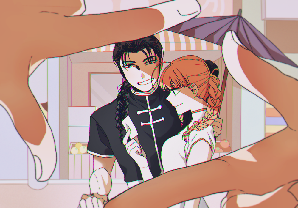 1boy 1girl ahoge alternate_hairstyle black_hair braid chinese_clothes couple from_side gintama grin kouka_(gintama) long_hair open_mouth orange_hair single_braid smile teeth umbrella umibouzu_(gintama)