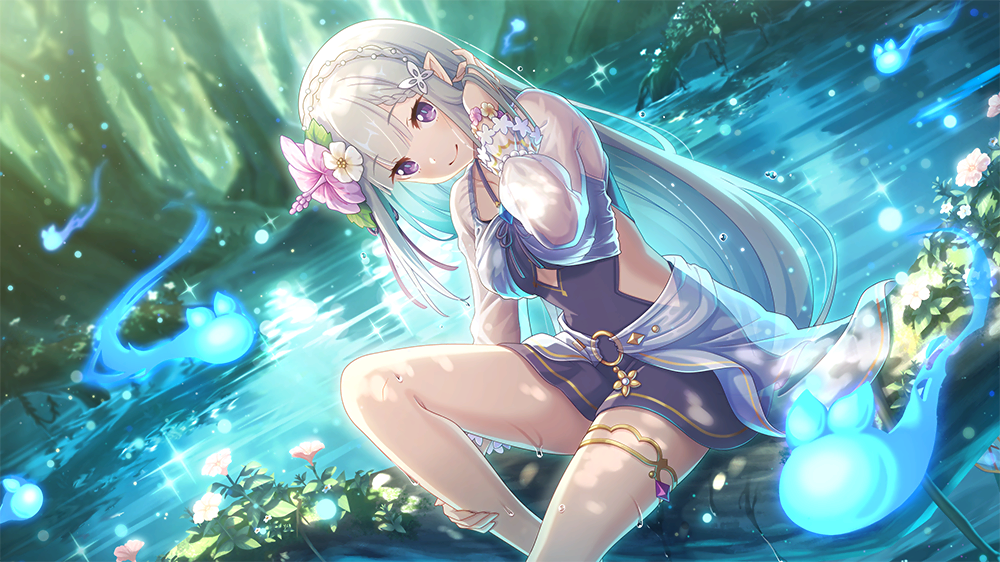 1girl blue_gemstone braid breasts crown_braid elf emilia_(re:zero) flower forest gem gold_thighlet hair_flower hair_ornament hair_ribbon knee_up light_reflection_(water) long_hair looking_at_viewer medium_breasts nature official_alternate_costume official_art pointy_ears princess_connect! purple_eyes purple_gemstone purple_ribbon re:zero_kara_hajimeru_isekai_seikatsu ribbon sarong see-through_clothes see-through_sarong see-through_sleeves sitting smile spirit swimsuit tree tucking_hair water wet white_flower white_hair x_hair_ornament