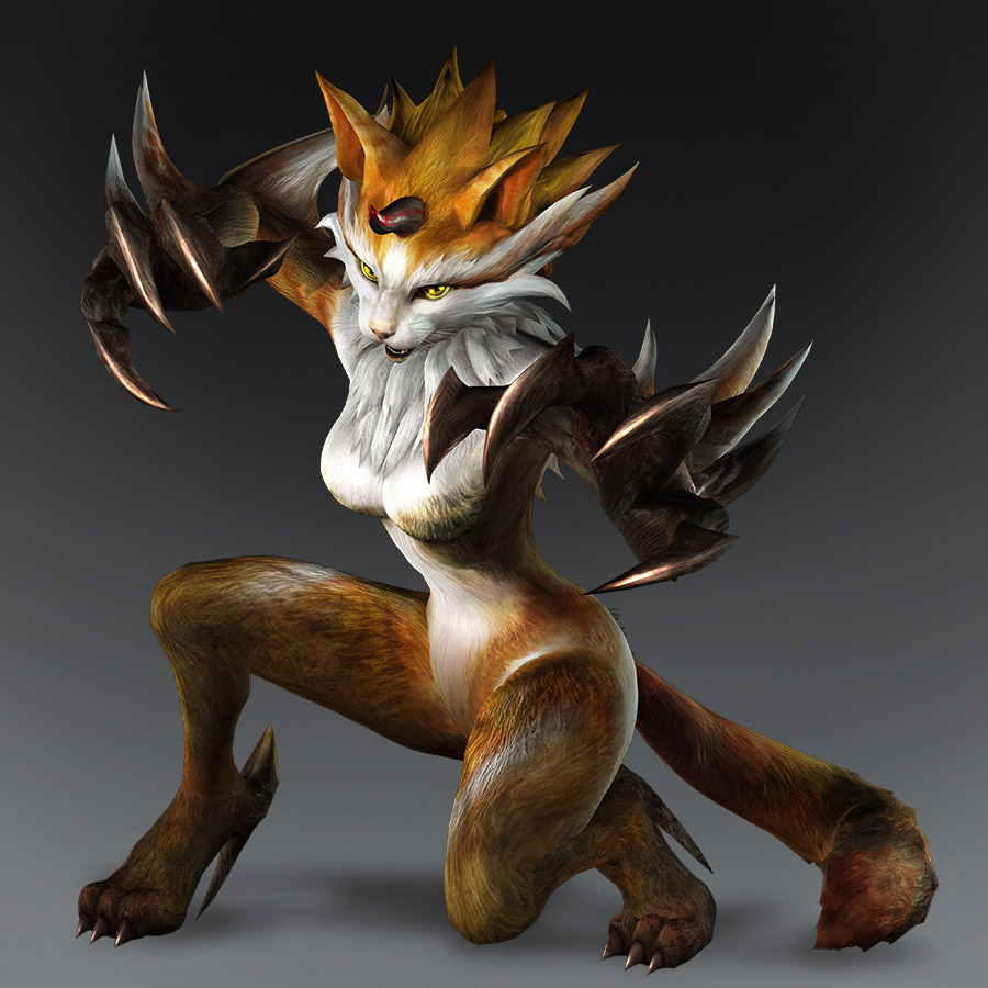 1girl 3d breasts cat claws female_focus full_body furry furry_female gradient_background mynx official_art solo toukiden yellow_eyes
