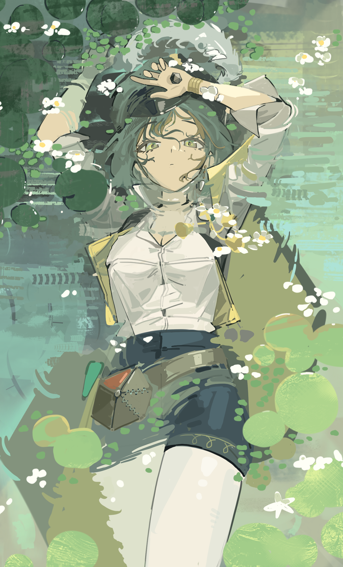 1girl arms_up belt belt_pouch black_shorts black_vest bracelet breasts brown_belt brown_hair cape cleavage closed_mouth cowboy_shot ddul_(hauluimubingoj1) dice dot_mouth duckweed from_above green_eyes green_hat hands_up hat hat_feather highres holding holding_dice jewelry lily_pad looking_at_viewer lying mole mole_under_eye newsboy_cap open_clothes open_vest pantyhose partially_submerged polyhedral_dice pouch recoleta_(reverse:1999) reverse:1999 shirt short_hair short_shorts shorts solo vest water white_pantyhose white_shirt yellow_cape