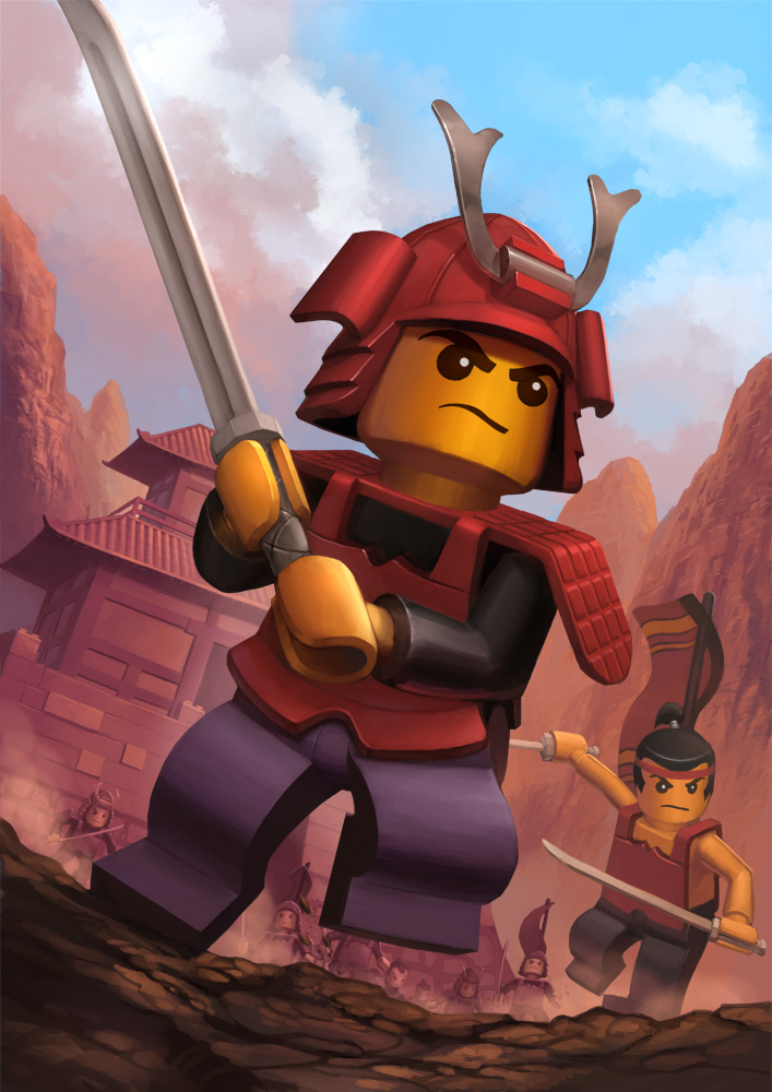 2boys anggasatriohadi architecture armor black_eyes black_hair cloud crowd dual_wielding east_asian_architecture flag frown helmet holding holding_sword holding_weapon japanese_armor kabuto_(helmet) lego_minifig male_focus mountain multiple_boys original ponytail running samurai sky sword the_lego_group v-shaped_eyebrows weapon
