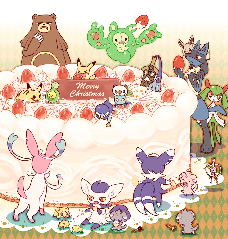 1boy 1girl alternate_color cake christmas eevee espurr food gen_1_pokemon gen_2_pokemon gen_3_pokemon gen_4_pokemon gen_5_pokemon gen_6_pokemon honedge joltik kirlia klefki lucario meowstic meowstic_(female) meowstic_(male) miuta nintendo oshawott pikachu piplup pokemon pokemon_(creature) reuniclus shiny_pokemon sylveon ursaring