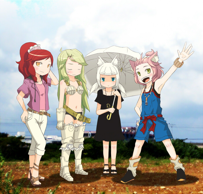 4girls 7th_dragon 7th_dragon_(series) animal_ears armor belt belt_skirt blue_eyes blunt_bangs blush capri_pants closed_eyes fighter_(7th_dragon) full_body green_hair half-closed_eyes harukara_(7th_dragon) healer_(7th_dragon) heart heart_necklace holding holding_umbrella ikurakun_(7th_dragon) jewelry kate_(7th_dragon) knight_(7th_dragon) long_hair mage_(7th_dragon) multiple_girls necklace orange_eyes outdoors pants parasol pink_hair red_hair rosary_(7th_dragon) standing sweatdrop tomboy umbrella white_hair yellow_eyes