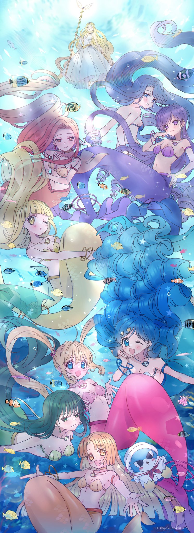 +1_(yakusoku0722) 6+girls aqua_regina armlet back bikini bikini_top_only blonde_hair blue_background blue_bikini blue_eyes blue_hair blush bracelet breasts caren_(mermaid_melody_pichi_pichi_pitch) cleavage closed_mouth coco_(mermaid)_(mermaid_melody_pichi_pichi_pitch) coco_(mermaid_melody_pichi_pichi_pitch) collarbone dress earrings finger_to_cheek fish fish_girl green_bikini green_eyes green_hair hair_ornament hand_on_own_cheek hand_on_own_face hand_on_own_hip highres holding holding_scepter houshou_hanon houshou_hanon_(mermaid) hugging_own_tail hugging_tail indigo_hair jewelry large_breasts long_hair looking_at_viewer looking_back looking_down mermaid mermaid_melody_pichi_pichi_pitch monster_girl multiple_girls nanami_lucia nanami_lucia_(mermaid) navel necklace noel_(mermaid_melody_pichi_pichi_pitch) one_eye_closed open_mouth orange_bikini orange_eyes pink_bikini purple_bikini purple_eyes reaching reaching_towards_viewer sara_(mermaid_melody_pichi_pichi_pitch) scepter seashell seira_(mermaid_melody_pichi_pichi_pitch) shell shell_earrings shell_hair_ornament shell_necklace sideboob sleeveless smile star_(symbol) star_earrings star_hair_ornament swimsuit tail teeth touin_rina touin_rina_(mermaid) twintails underwater white_dress yellow_bikini yellow_eyes