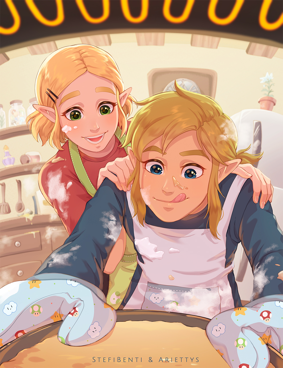 1boy 1girl alternate_hairstyle ariettys_art baking blonde_hair blue_eyes blush cooking couple earrings food food_on_face green_eyes highres jewelry link long_hair nintendo open_mouth oven oven_mitts pointy_ears powder princess_zelda short_hair smile the_legend_of_zelda the_legend_of_zelda:_breath_of_the_wild the_legend_of_zelda:_tears_of_the_kingdom